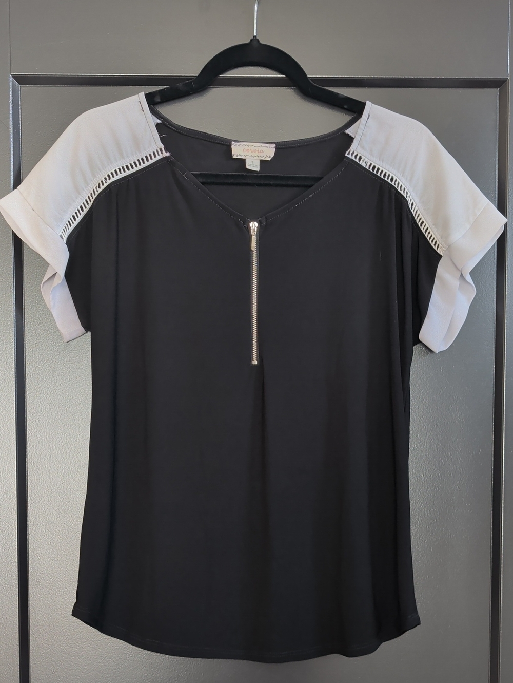 Black Top with White Shoulder Panels and Front Zip